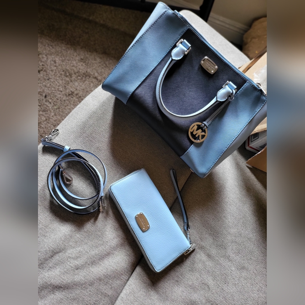 Michael Kors Colorblock Two-Tone Blue Saffiano Satchel & Wallet Set